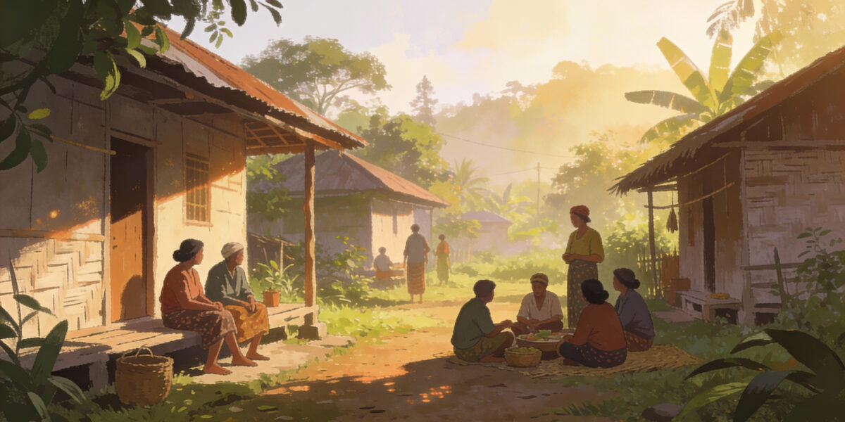 Ilustrasi kehidupan desa Minahasa Selatan dengan aktivitas komunitas yang harmonis