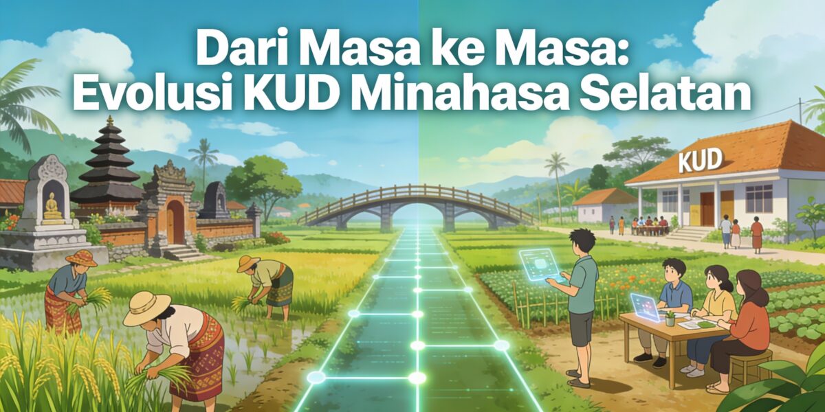Ilustrasi anime evolusi KUD Minahasa Selatan dari masa tradisional gotong royong desa hingga kehidupan harmoni modern dengan teknologi pertanian.