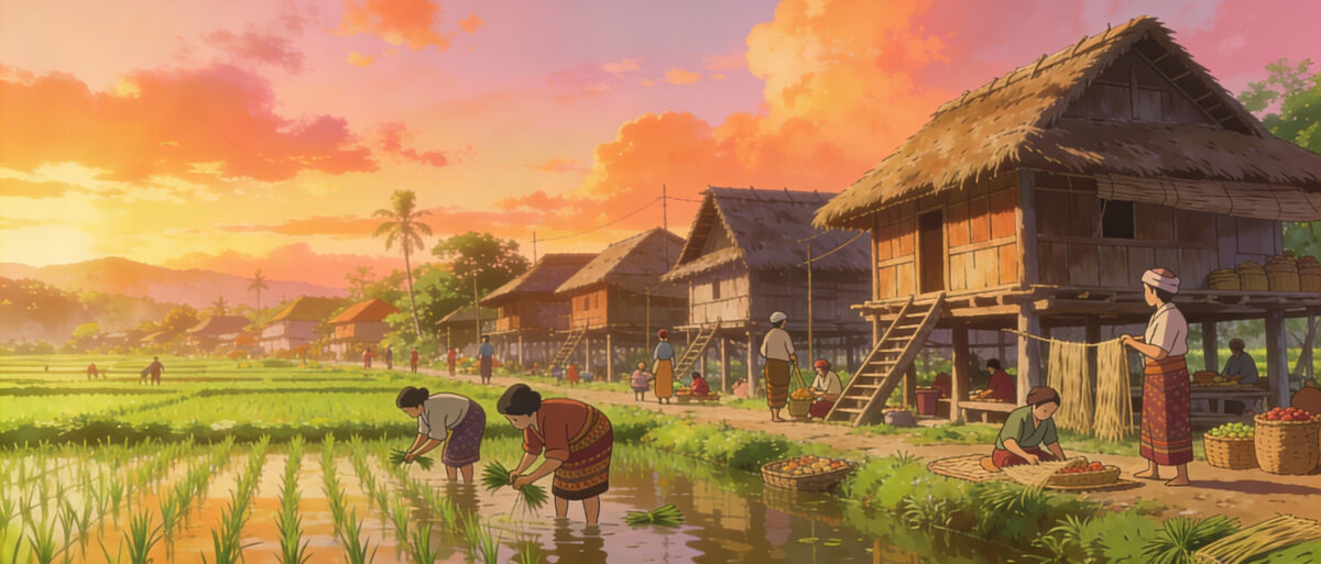 Ilustrasi anime desa tradisional Minahasa Selatan dengan rumah panggung, sawah hijau, dan komunitas gotong royong di bawah sunset hangat, nuansa solidaritas dan harmoni.